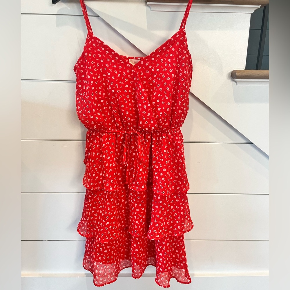 Altar’d State Size S Red & White Floral Ruffle Mini Dress Preowned/Like New